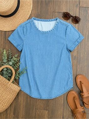 J.Crew Chambray Short Sleeve Top XXS Light Wash Denim Look 100% Cotton